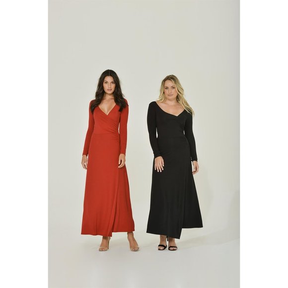 Long Sleeve Maxi Wrap Dress with High Slit | Red | Plunge Neck Dress - Picture 2 of 5